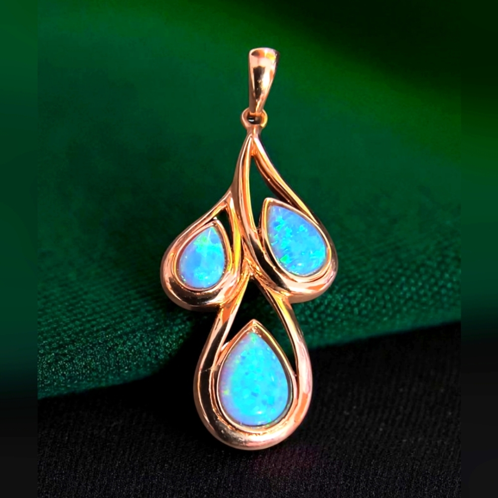 Blue Opal And Rose Gold Vermeil Over Sterling Silver Pendant: Great Flash!